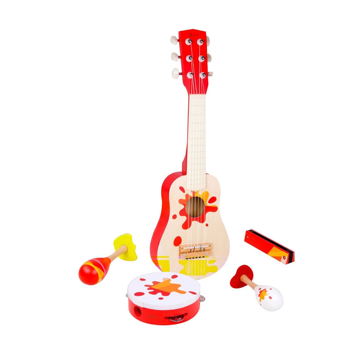 Conjunto de instrumentos musicais Classic World Estrela com xilofone, flauta, pandeiro e castanholas coloridas dispostos sobre um fundo branco.