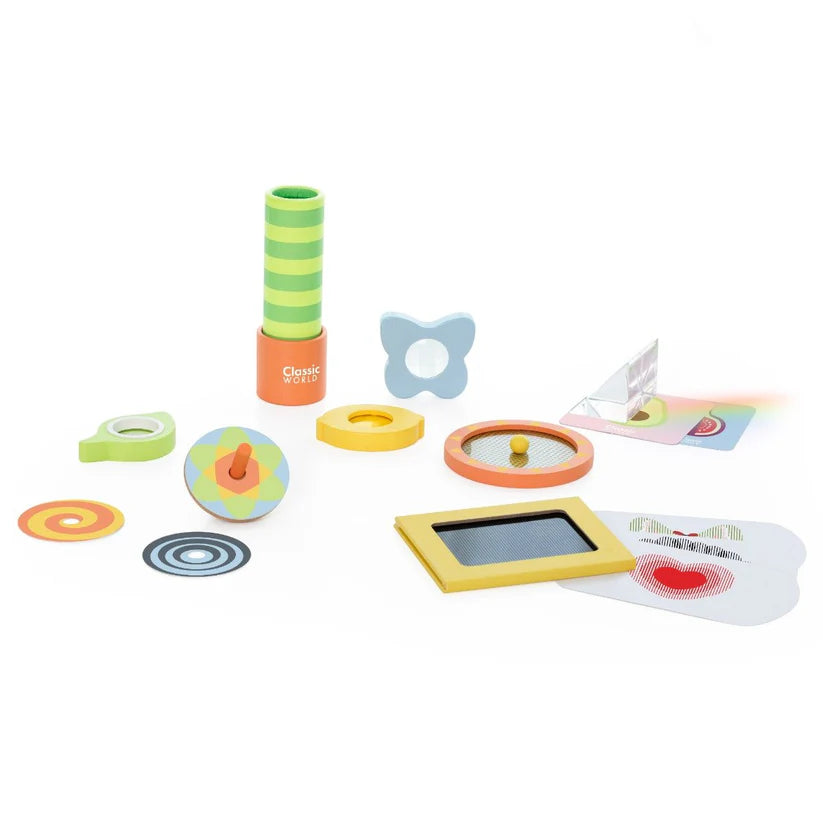 Conjunto completo de experimentos óticos Classic World, com caleidoscópio, caixa de grade, disco giratório e triprismo.