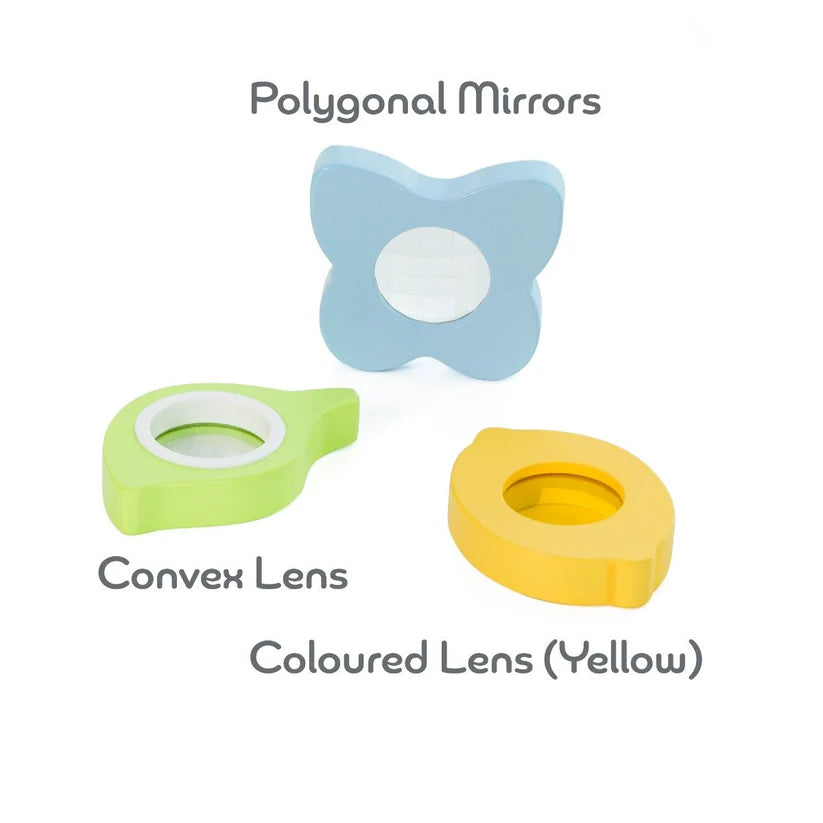 Lentes coloridas e espelhos poligonais do conjunto Classic World Experimentos Óticos, detalhe dos componentes.