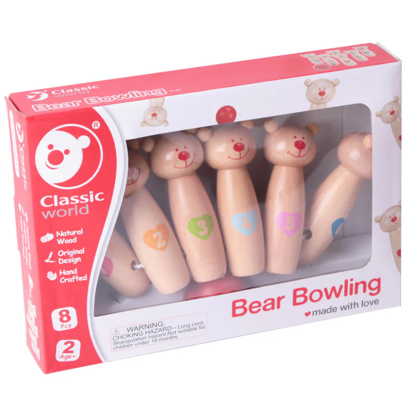 Embalagem do jogo de bowling Classic World com ilustração dos pinos de urso e informações sobre o produto.