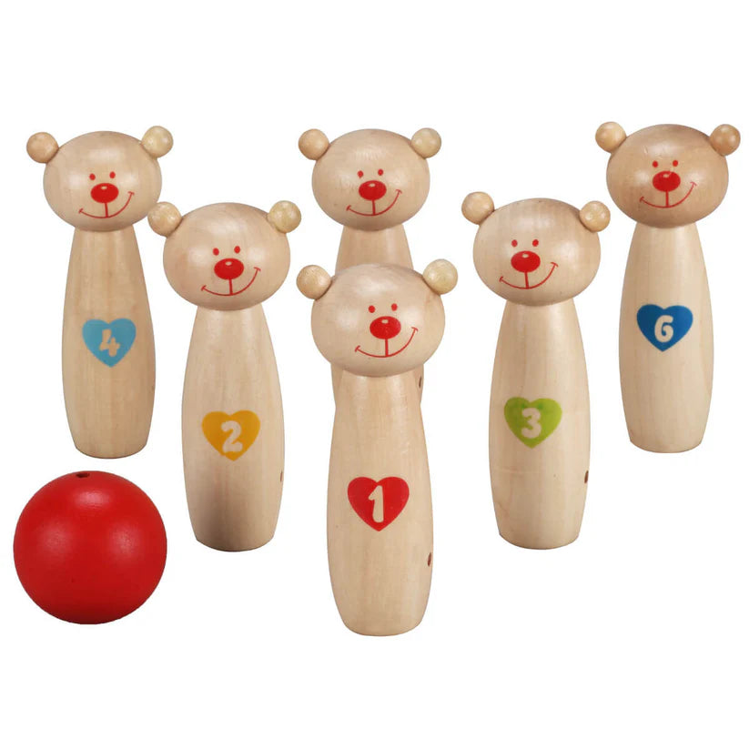 Jogo de bowling em madeira Classic World com pinos em forma de urso numerados e bola vermelha.