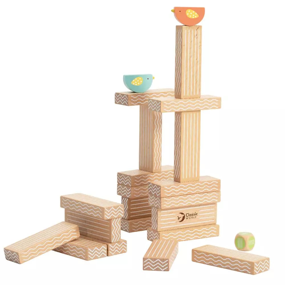 Classic World Jogo de empilhar pássaros: blocos de madeira equilibrados com pássaros no topo. Brinquedo educativo para crianças.