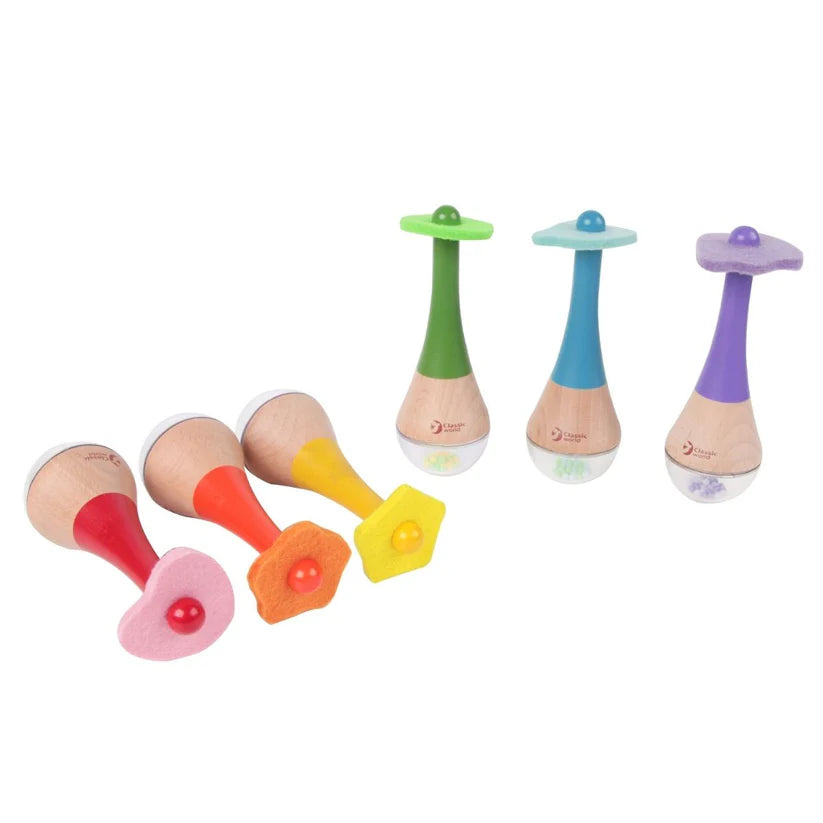 Close-up das Classic World Maracas Arco Iris, com foco nas diferentes formas e cores na parte superior das maracas.