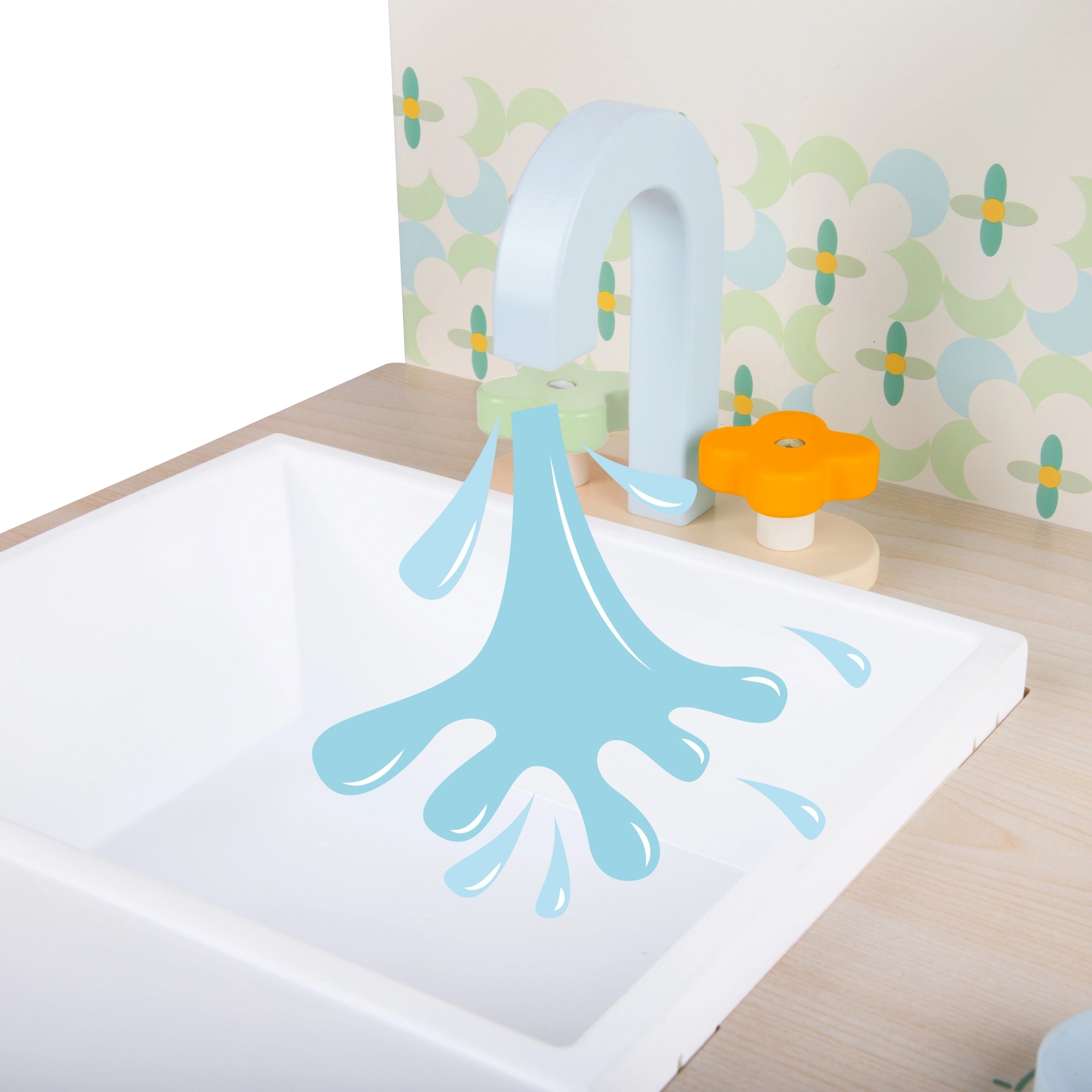 Acessórios de cozinha de madeira Classic World: panela, frigideira, utensílios, temperos e pano.