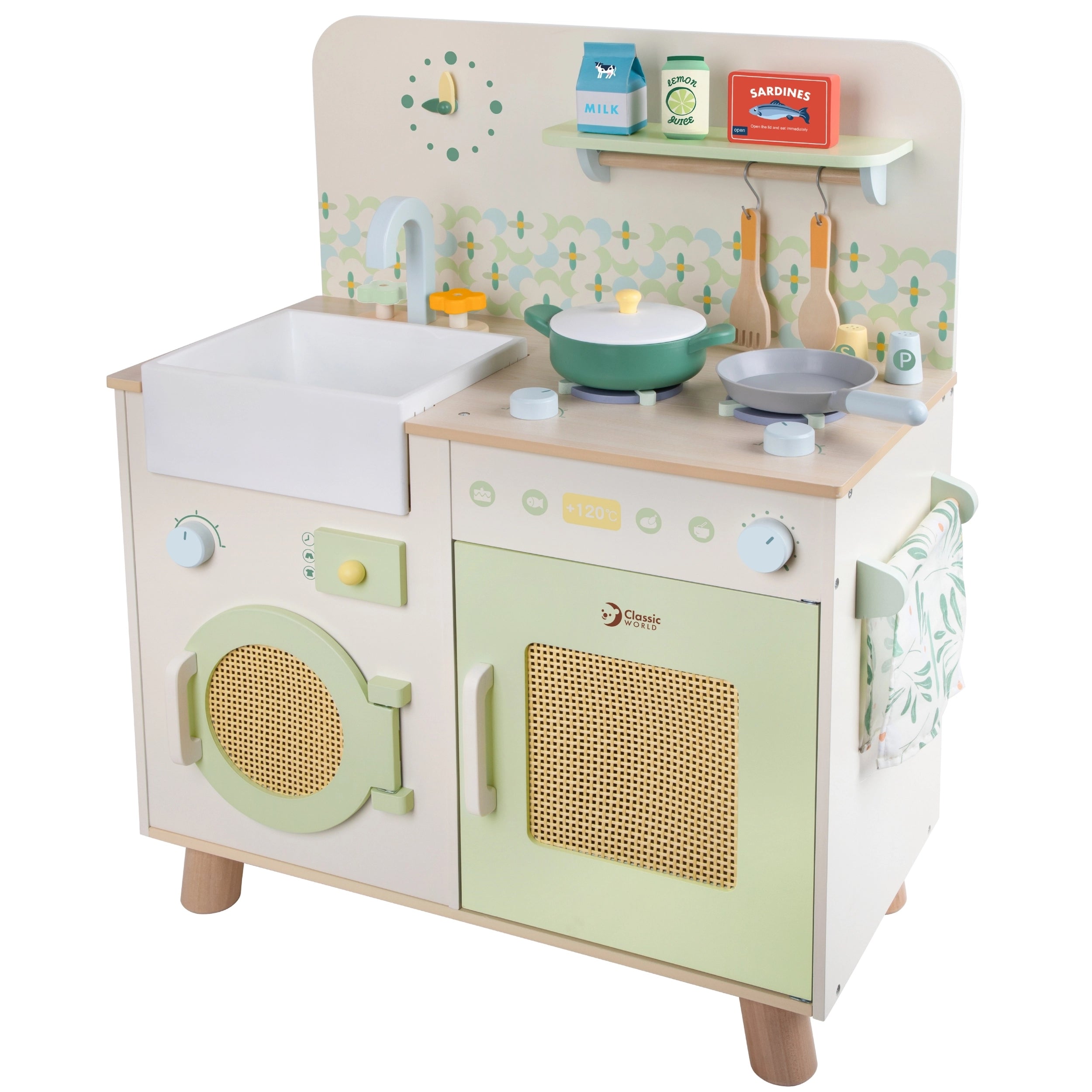 Cozinha de brincar Classic World Natural Kitchen, em madeira, com máquina de lavar roupa e lava-loiça.