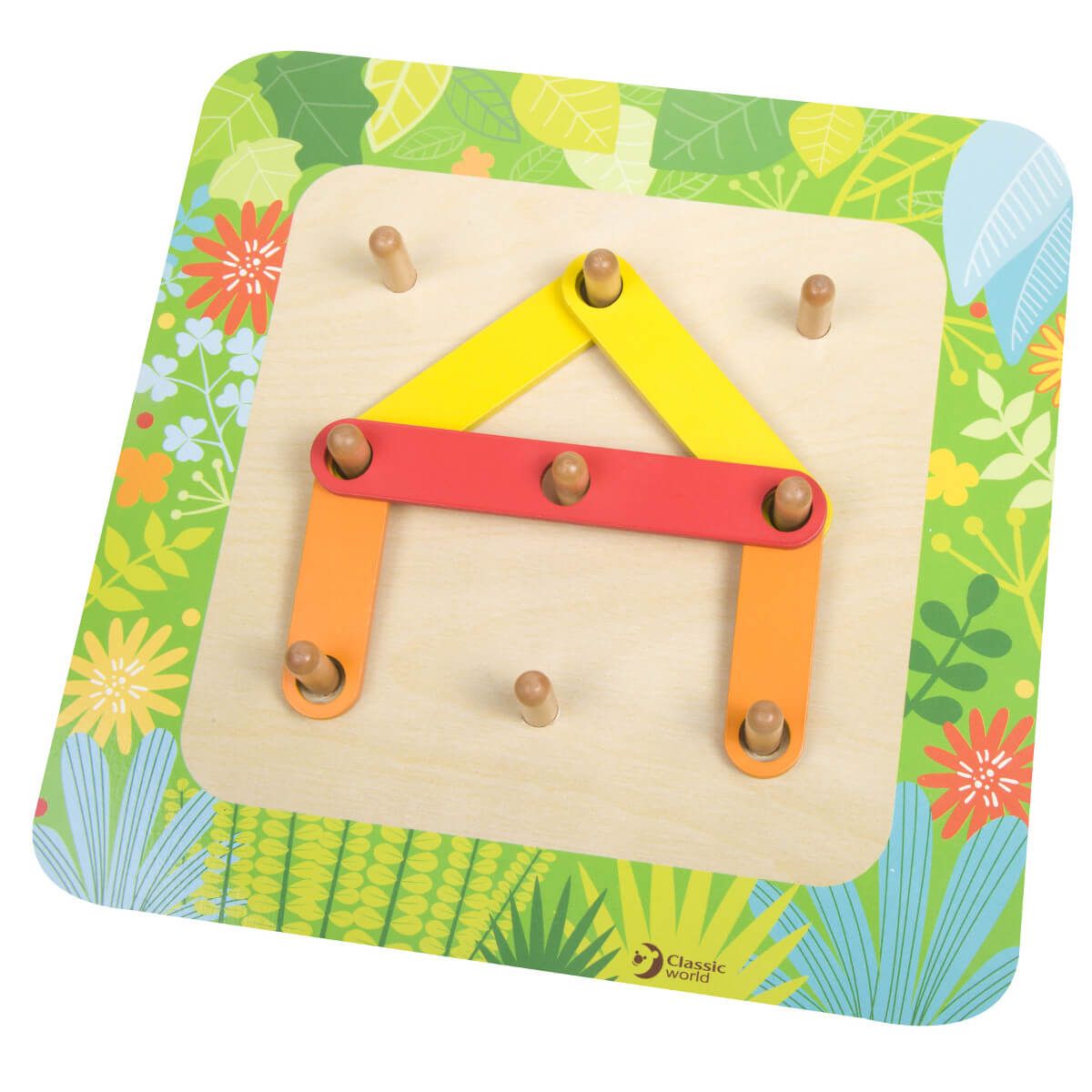 Visão superior do puzzle de aprendizagem Classic World, mostrando uma criança a criar uma forma de casa com as peças coloridas.