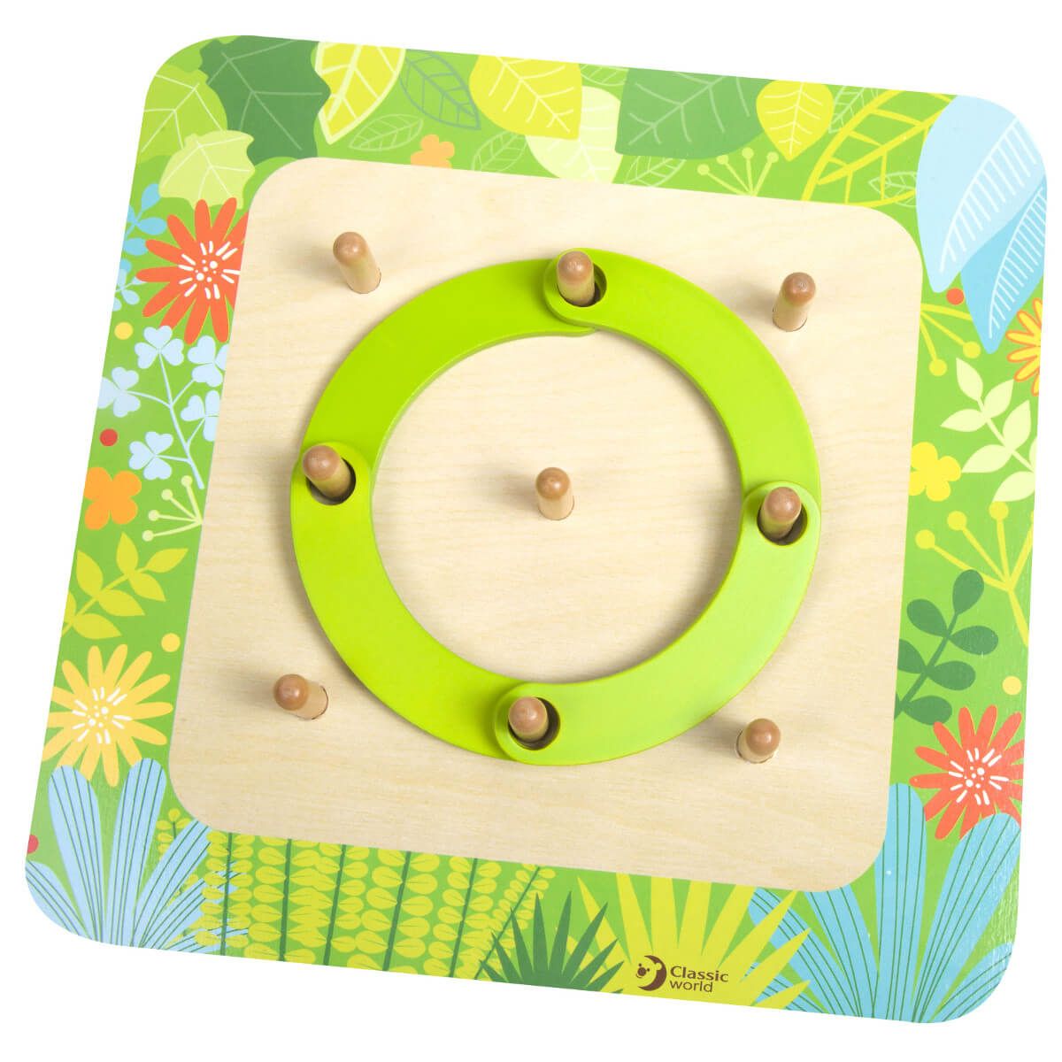 Visão superior do puzzle de aprendizagem Classic World, mostrando uma criança a criar um círculo com as peças verdes.