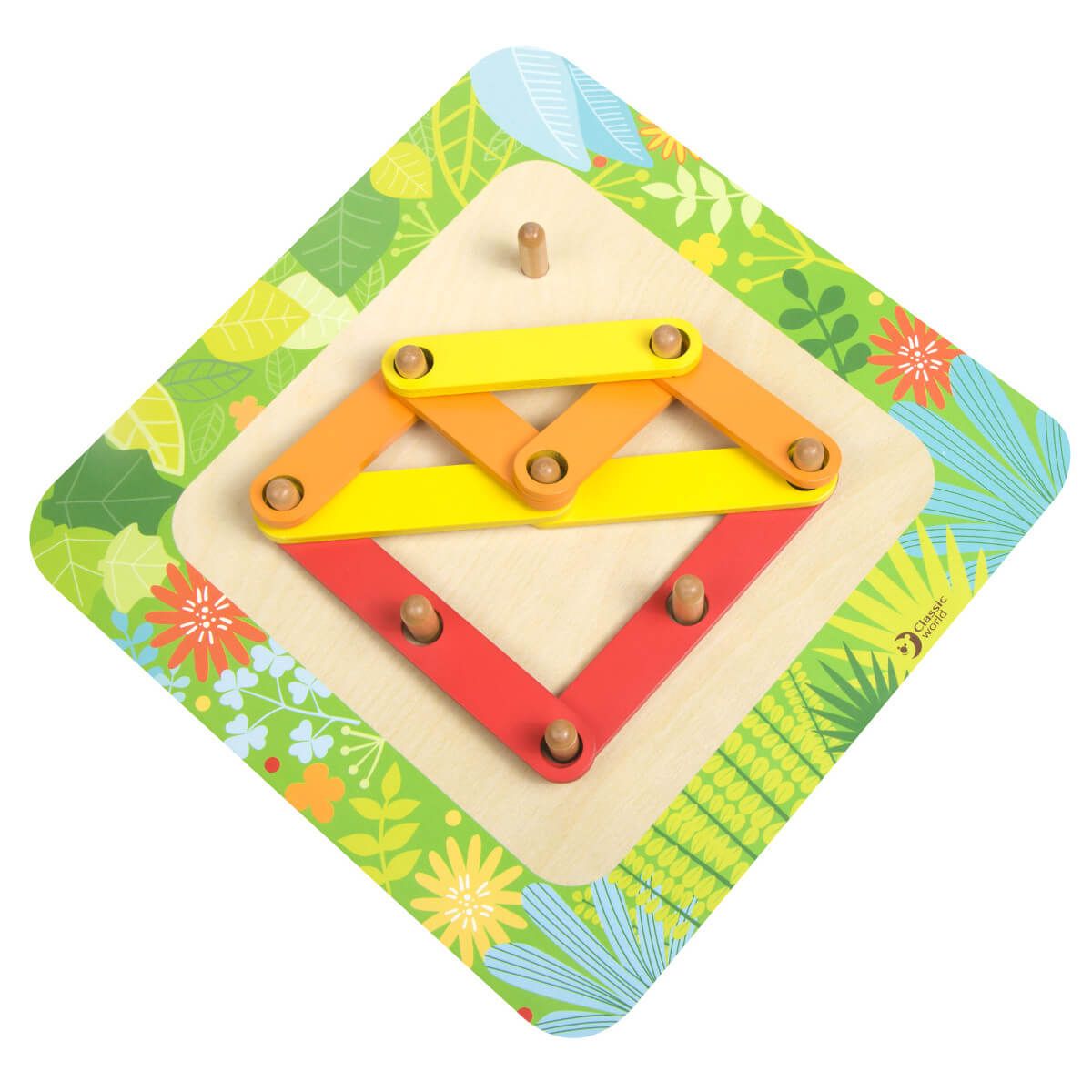 Visão geral do puzzle de aprendizagem Classic World, mostrando a base de madeira com pinos e as peças coloridas encaixadas.