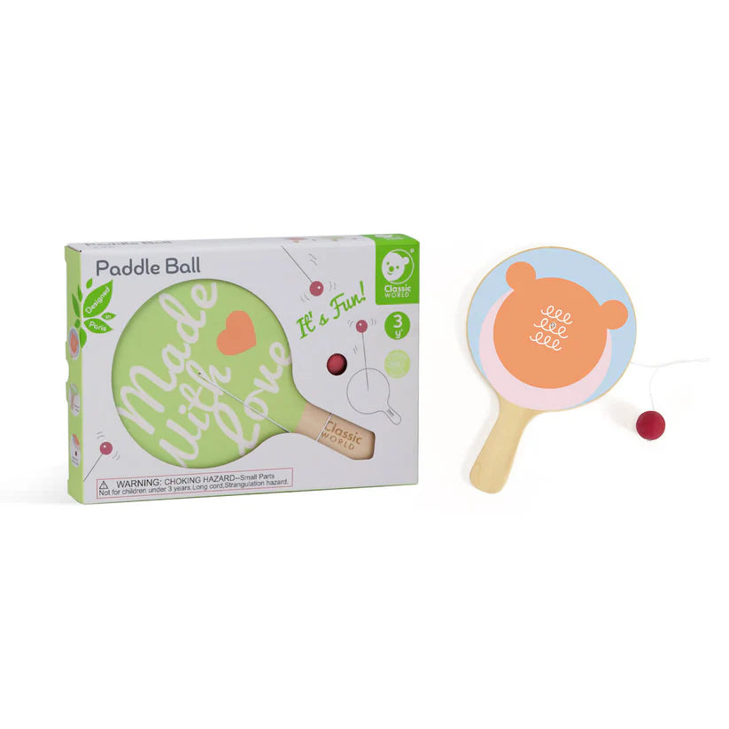 Raquete Paddle ball da Classic World com embalagem e design apelativo, ideal para crianças a partir dos 3 anos.
