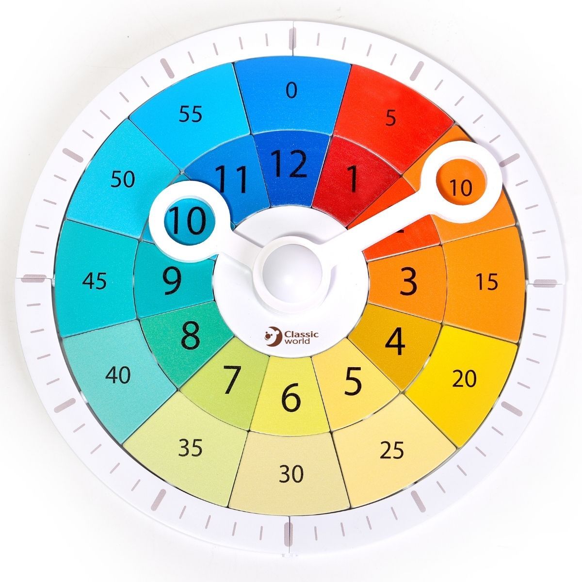 Relógio Tic-Tac da Classic World com peças coloridas indicando horas e minutos, ideal para aprender a ler as horas.