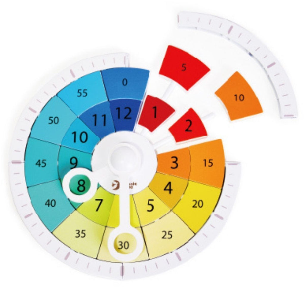 Detalhe das peças do Relógio Tic-Tac da Classic World, mostrando os números e cores vibrantes para fácil aprendizado.