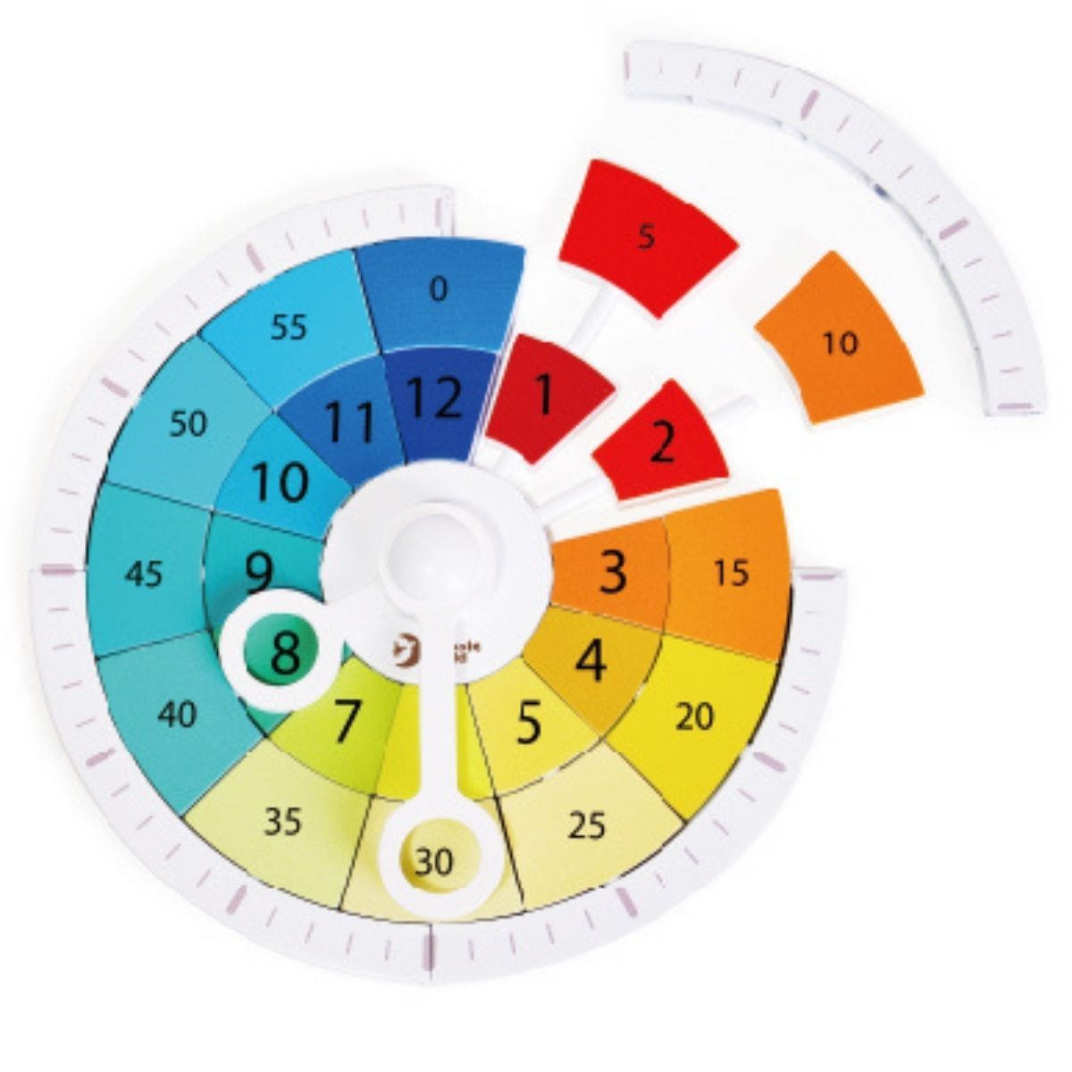 Detalhe das peças do Relógio Tic-Tac da Classic World, mostrando os números e cores vibrantes para fácil aprendizado.