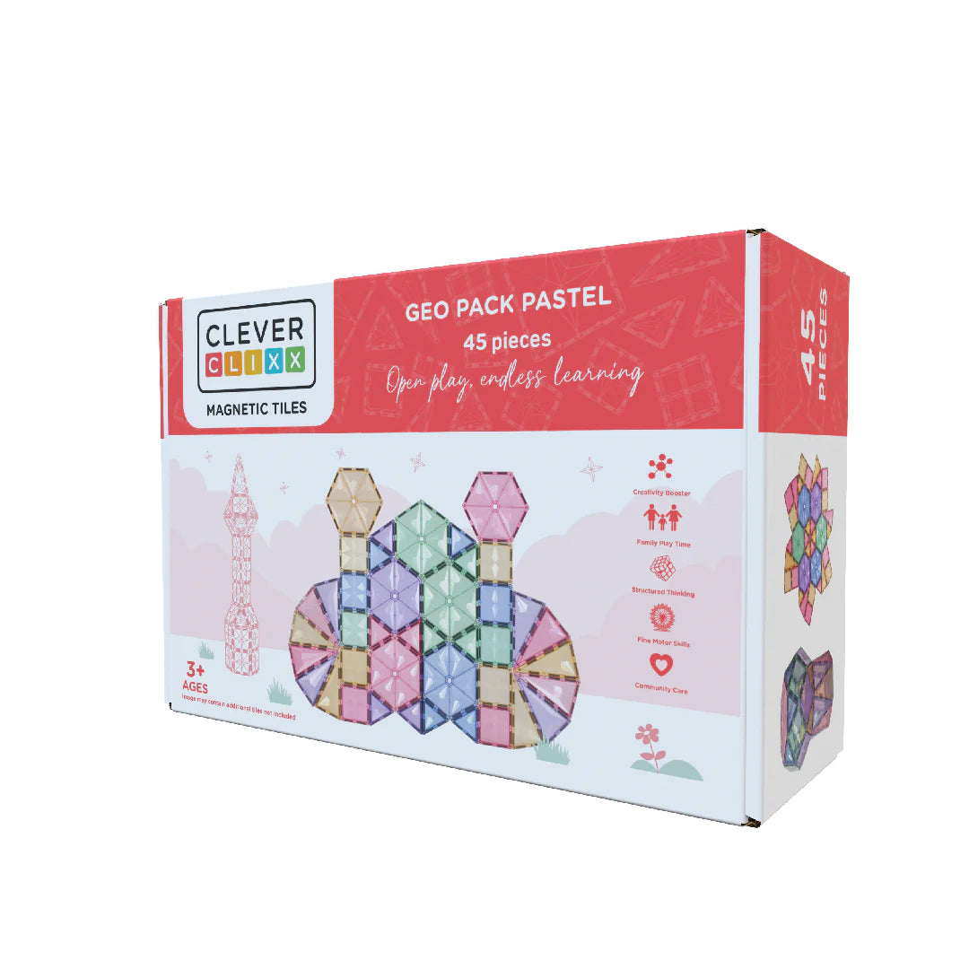 Caixa do jogo Clever Clixx blocos magnéticos Geo pastel com 45 peças. Mostra exemplos de construções possíveis e informações sobre o jogo.