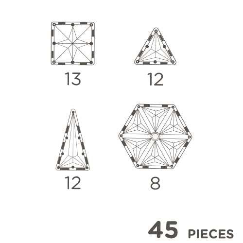 Ilustração das peças do jogo Clever Clixx Geo pastel: 13 quadrados, 12 triângulos equiláteros, 12 triângulos isósceles e 8 hexágonos. Total de 45 peças.
