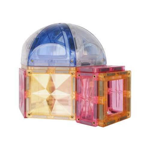 Pequena construção modular com blocos magnéticos Clever Clixx, incluindo uma cúpula azul e módulos quadrados em amarelo e rosa pastel.