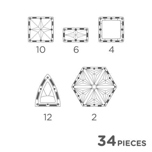 Esquema de todas as 34 peças do Clever Clixx Jogo Magnético Curvo Pastel: 10 quadrados, 6 retângulos, 4 quadrados vazios, 12 triângulos curvos e 2 hexágonos.