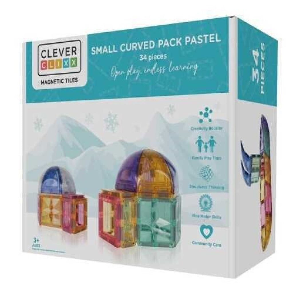 Caixa do Clever Clixx Jogo de blocos Magnético Curvo Pastel 34 peças, mostrando exemplos de construções com cores pastel.