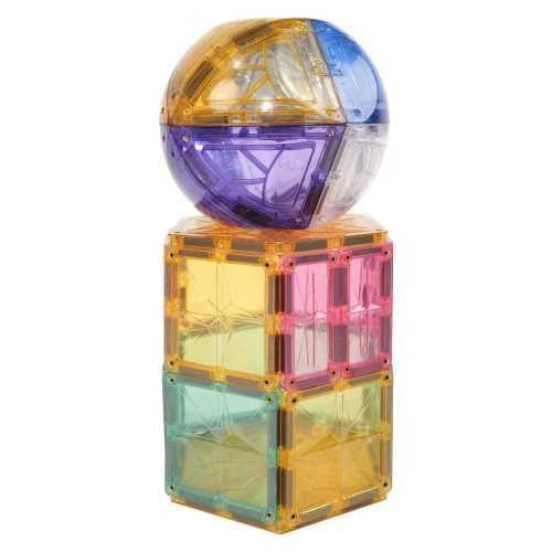 Torre construída com blocos magnéticos Clever Clixx, apresentando uma base cúbica e uma cúpula esférica em cores pastel.