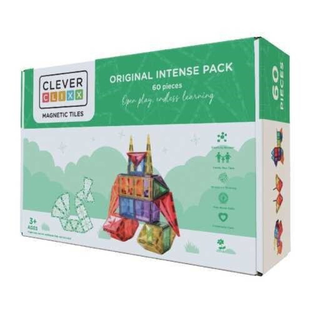 Caixa do Clever Clixx Pack Original 60 peças com blocos magnéticos coloridos em destaque, ideal para aprendizagem STEAM.