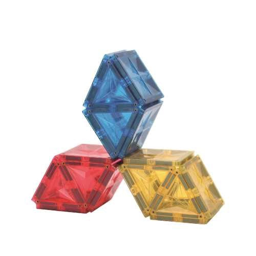 Três blocos magnéticos Clever Clixx (azul, vermelho e amarelo) interligados formando uma estrutura tridimensional estável.