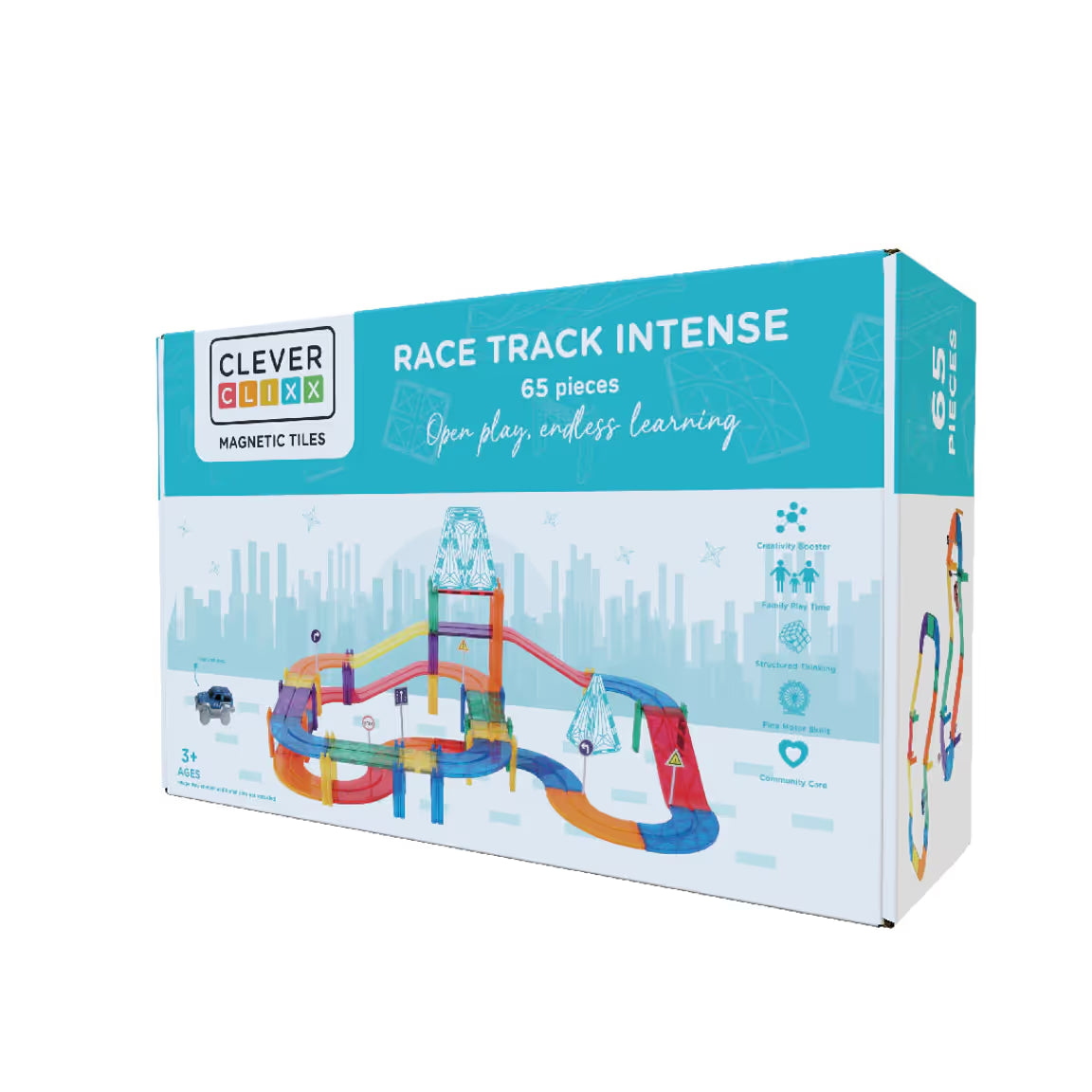 Clever Clixx Pista de Corrida Magnética com 65 peças coloridas e carro elétrico em movimento.