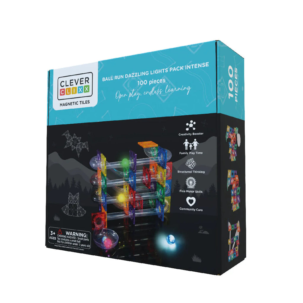 Caixa do brinquedo Ball Run Dazzling Lights Pack Intense da CleverClixx, mostrando 100 peças magnéticas coloridas e as bolas luminosas.