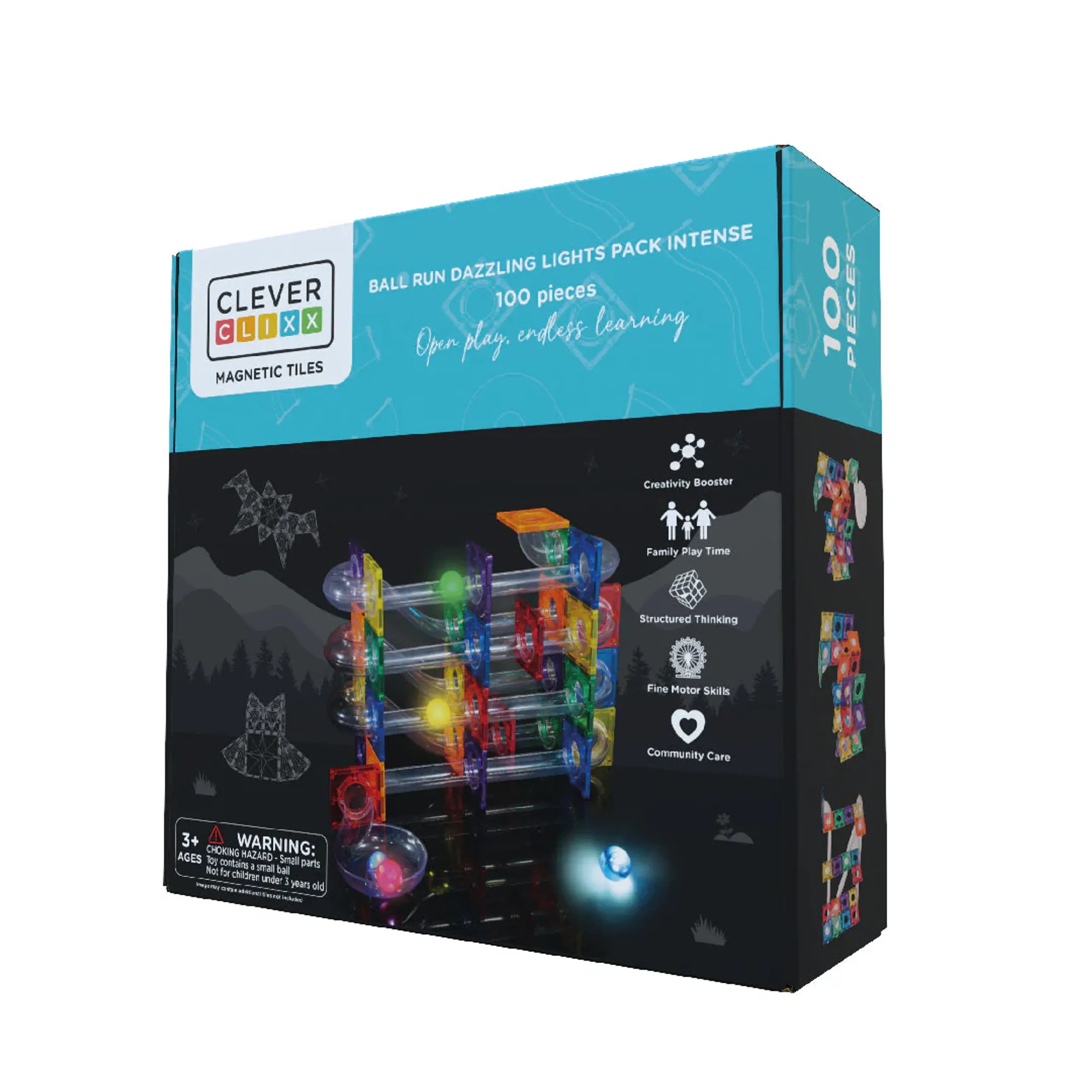 Caixa do brinquedo Ball Run Dazzling Lights Pack Intense da CleverClixx, mostrando 100 peças magnéticas coloridas e as bolas luminosas.