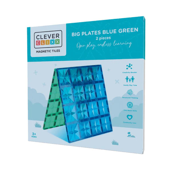 Caixa do brinquedo magnético CleverClixx Big Plates em azul e verde, com indicação de 2 peças e idade 3+ anos.