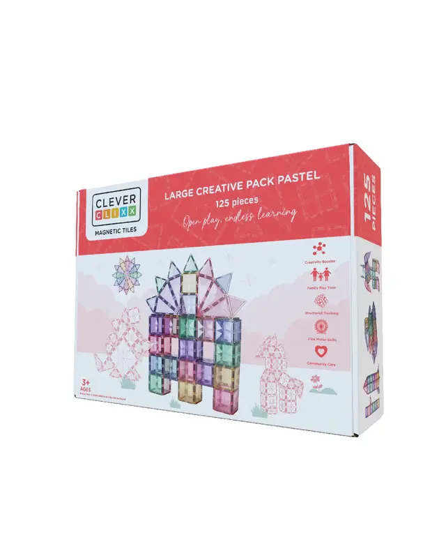 Caixa do Clever Clixx Jogo blocos Magnético Pack Creative Pastel 125 peças com construções coloridas e informações de idade e benefícios.