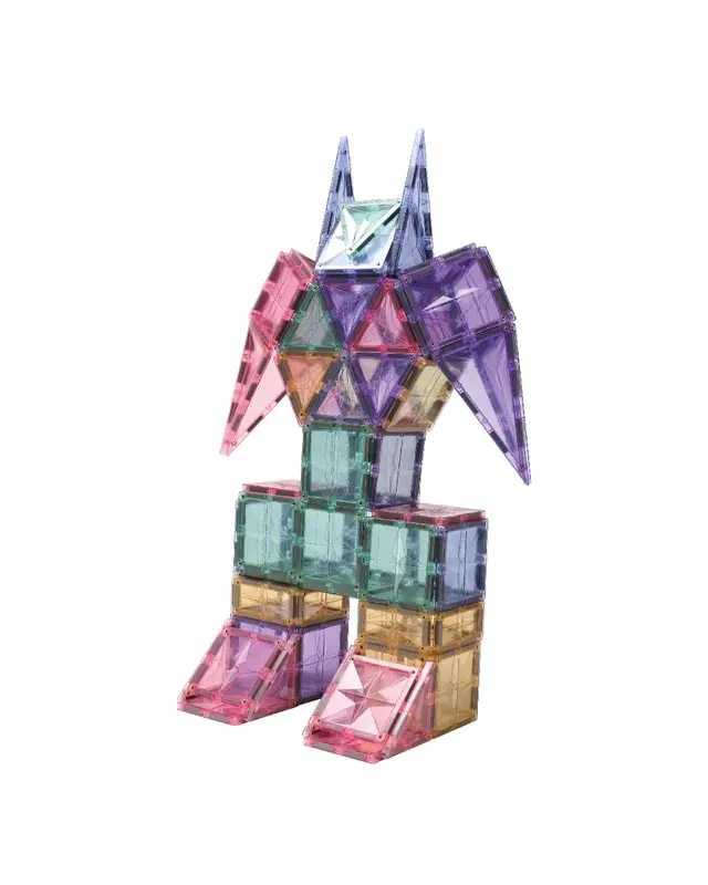 Construção de uma figura robótica com os blocos magnéticos Clever Clixx em tons pastel.