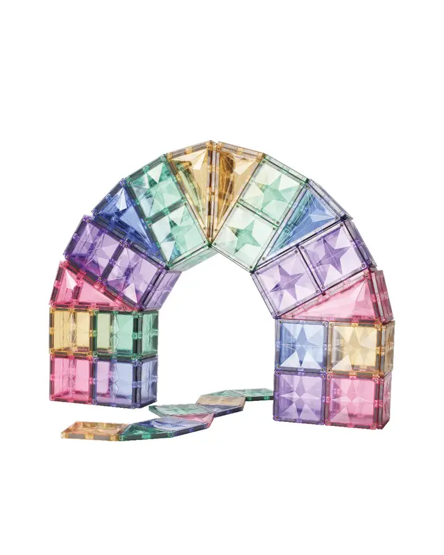 Construção de um arco-íris ou túnel com os blocos magnéticos Clever Clixx em cores pastel, com caminho.