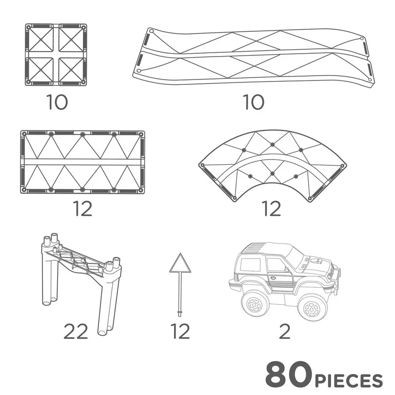 Diagrama técnico mostrando as 80 peças que compõem o conjunto Cleverclixx Race Track Pastel, incluindo rampas, curvas, pilares, carros e a contagem de cada componente.