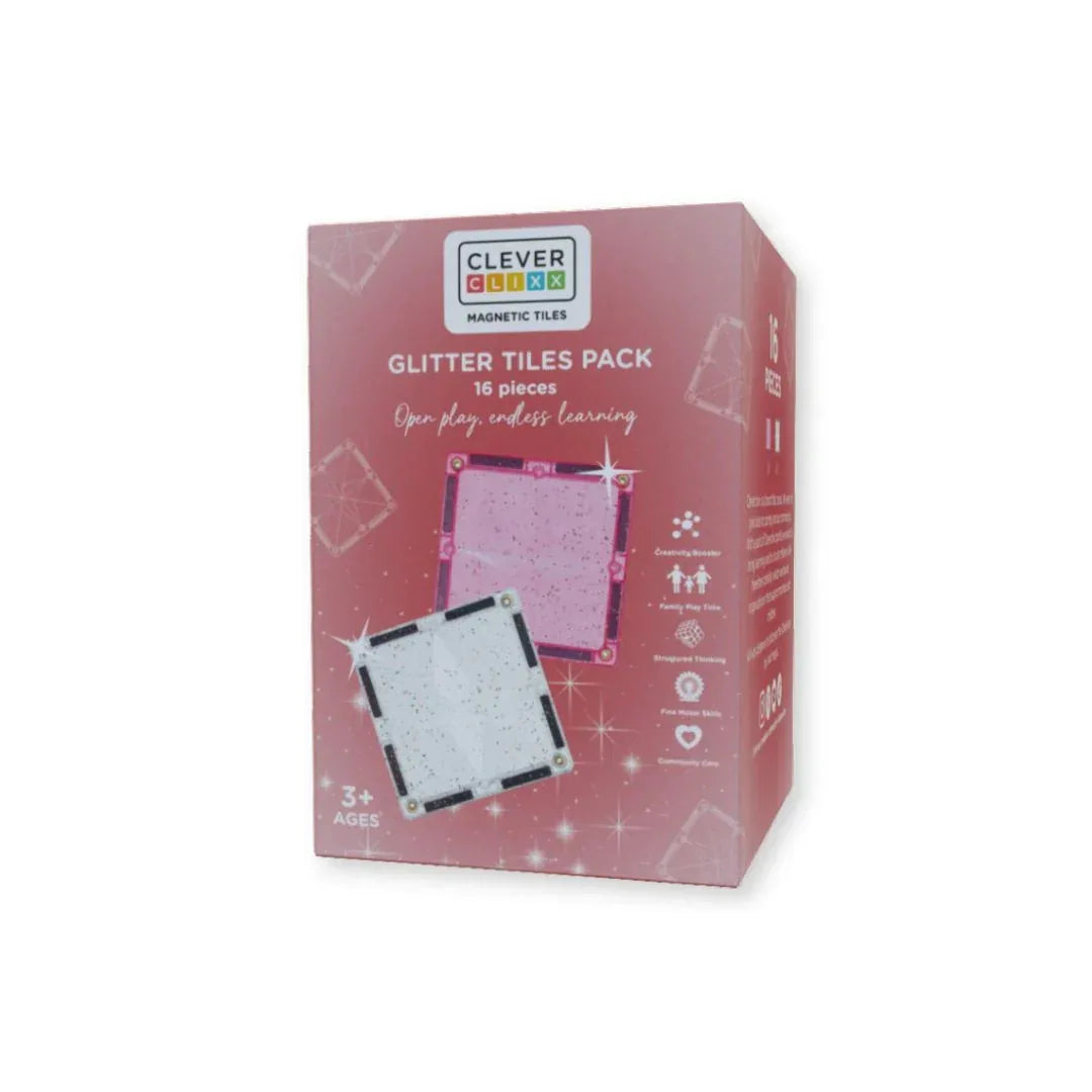 Caixa do conjunto de telhas magnéticas Cleverclixx Glitter Pack com 16 peças, em tons de rosa e branco, para idades a partir dos 3 anos.