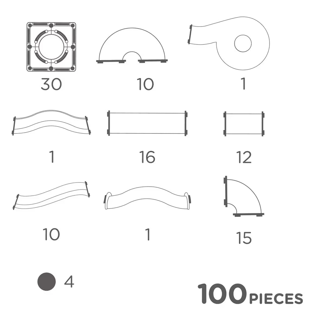 Diagrama ilustrativo com as quantidades e tipos de todas as 100 peças do conjunto Clever Clixx Ball Run Dazzling Lights Pack Intense.