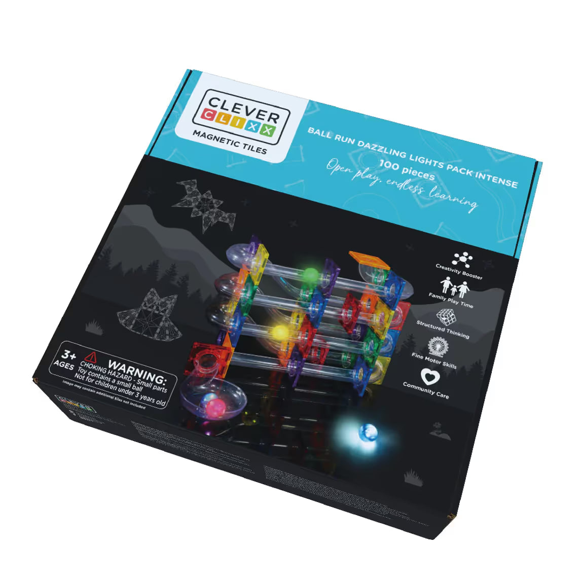 Caixa do jogo Clever Clixx Magnetic Tiles Ball Run Dazzling Lights Pack Intense com 100 peças, mostrando uma pista montada e ícones de benefícios.