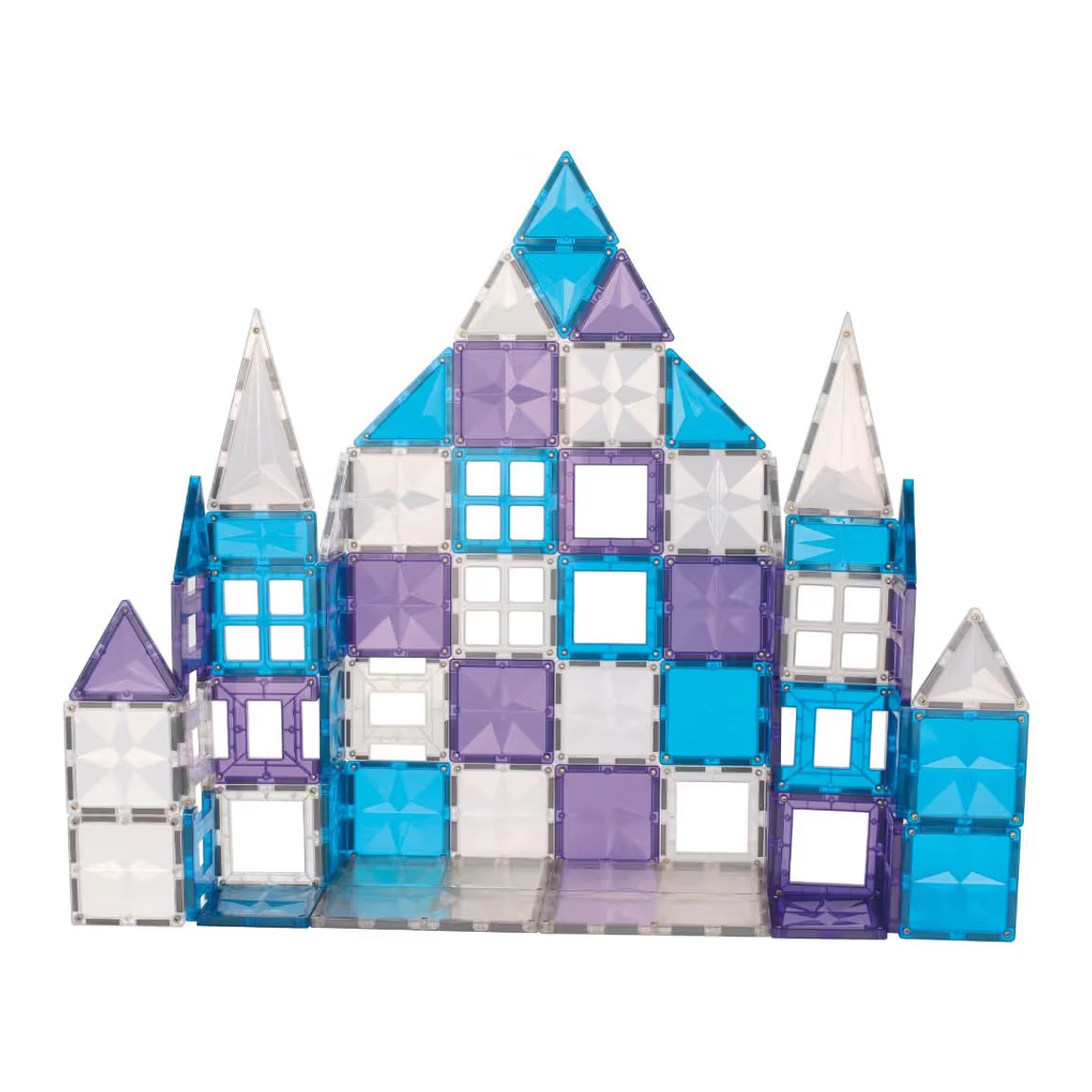 Castelo construído com os blocos magnéticos Clever Clixx Mega Ice Crystal Pack, exibindo a combinação de cores azul, roxo e transparente.