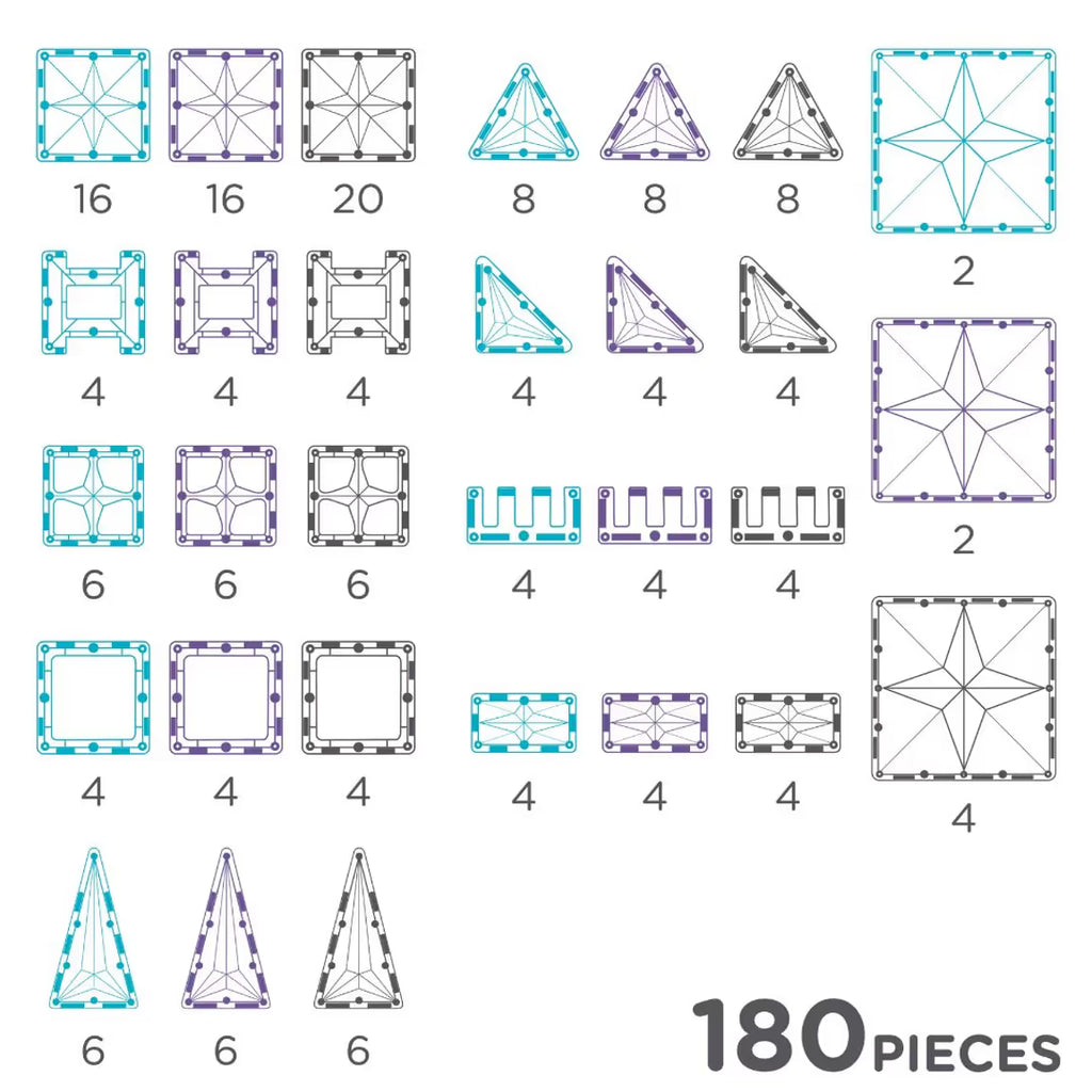 Detalhe das 180 peças do Clever Clixx Mega Ice Crystal Pack, mostrando as diferentes formas e quantidades de blocos magnéticos incluídos.