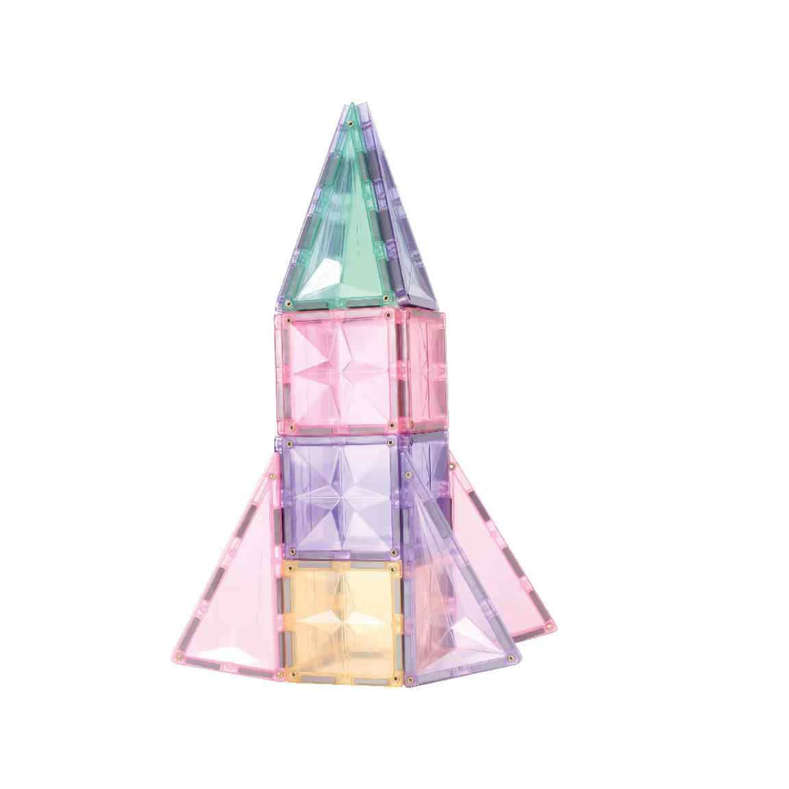 Ilustração detalhada das 36 peças magnéticas Clever Clixx Pack Mini Pastel, com formas e quantidades.