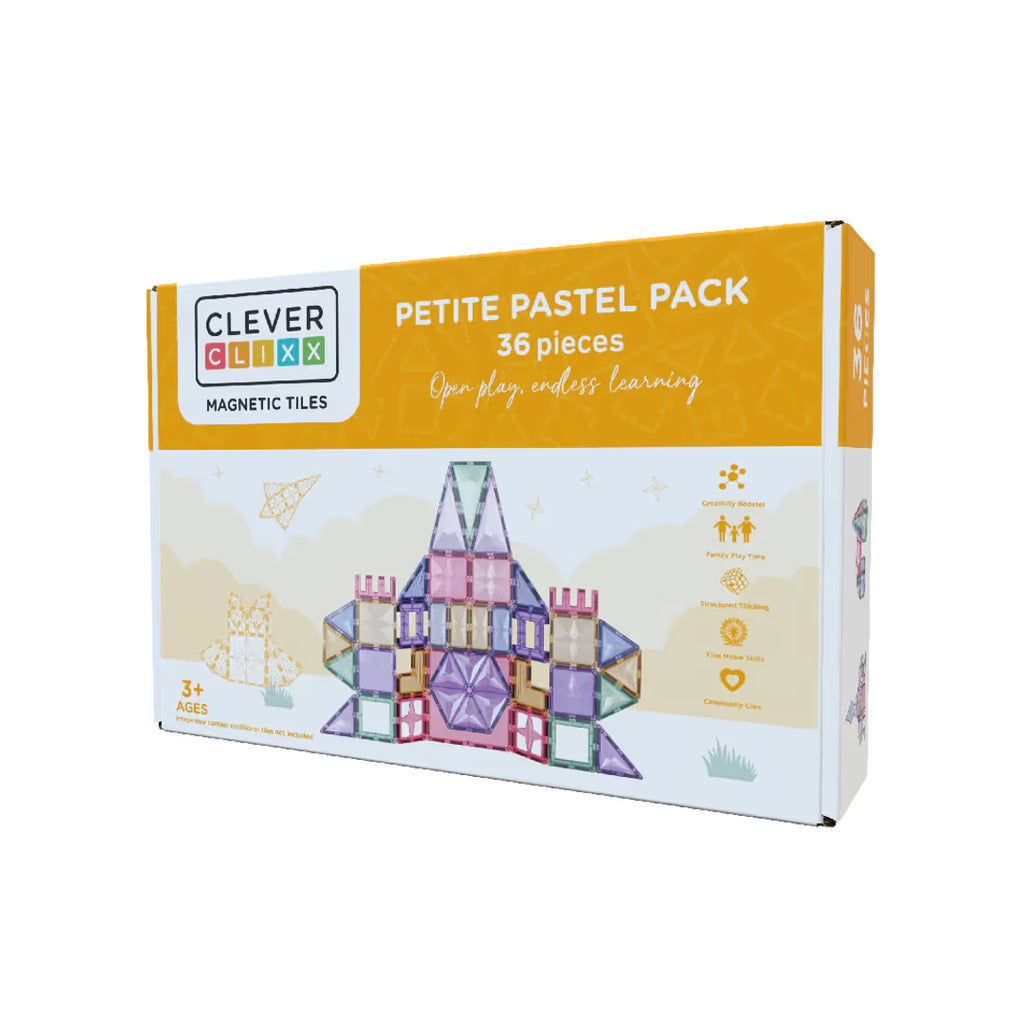 Estrutura colorida em tons pastel construída com os blocos magnéticos Clever Clixx Pack Mini Pastel de 36 peças.