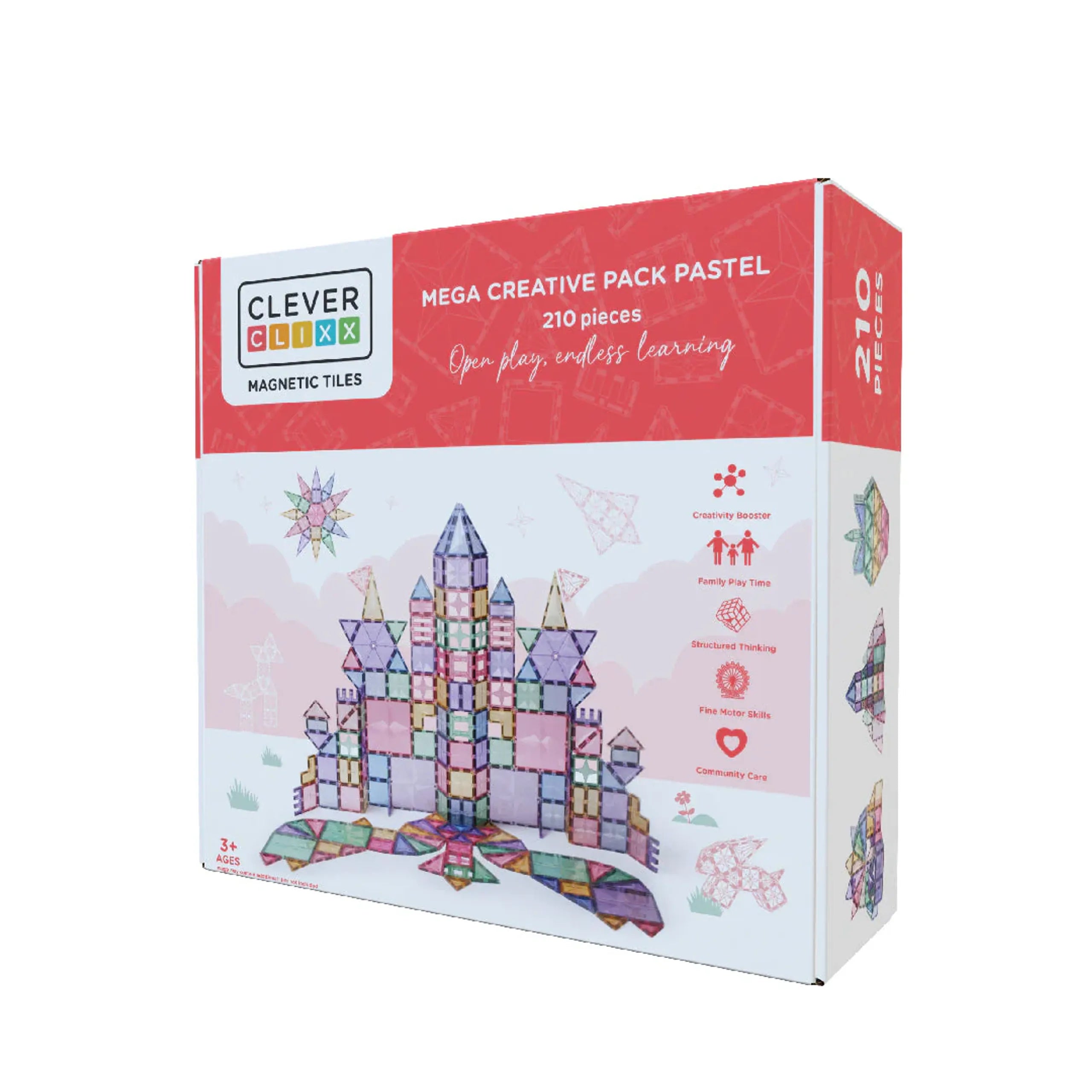 Caixa do Mega Creative Pack Pastel da CleverClixx com 210 peças magnéticas, mostrando um castelo construído e os benefícios do brinquedo.
