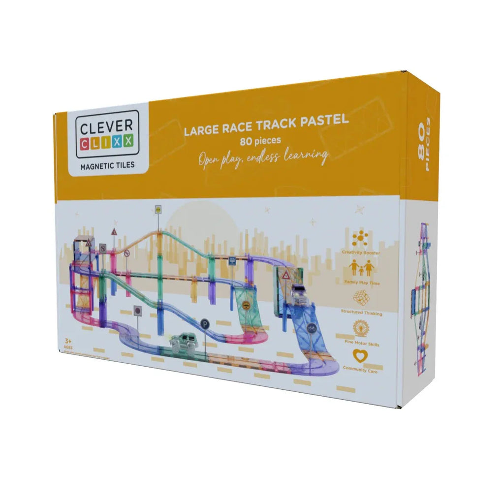 Caixa do conjunto de construção magnética Cleverclixx Race Track Pastel Pack com 80 peças, mostrando uma pista montada em vários níveis e os benefícios do produto.