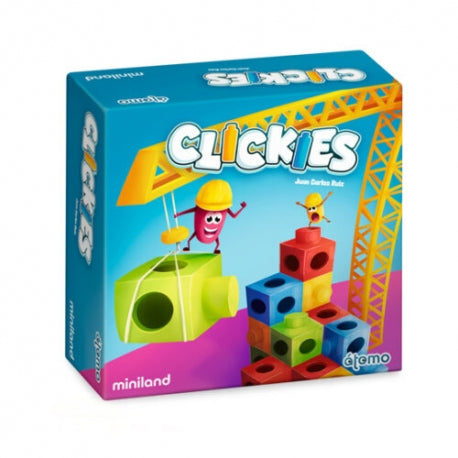 Embalagem do jogo de tabuleiro Miniland Clickies, com design de construção e cubos coloridos, destacando o nome do jogo.