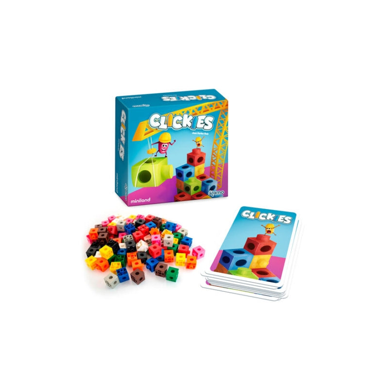 Componentes do jogo Miniland Clickies: caixa, pilhas de policubos coloridos e cartas de desafio com estruturas para construir.