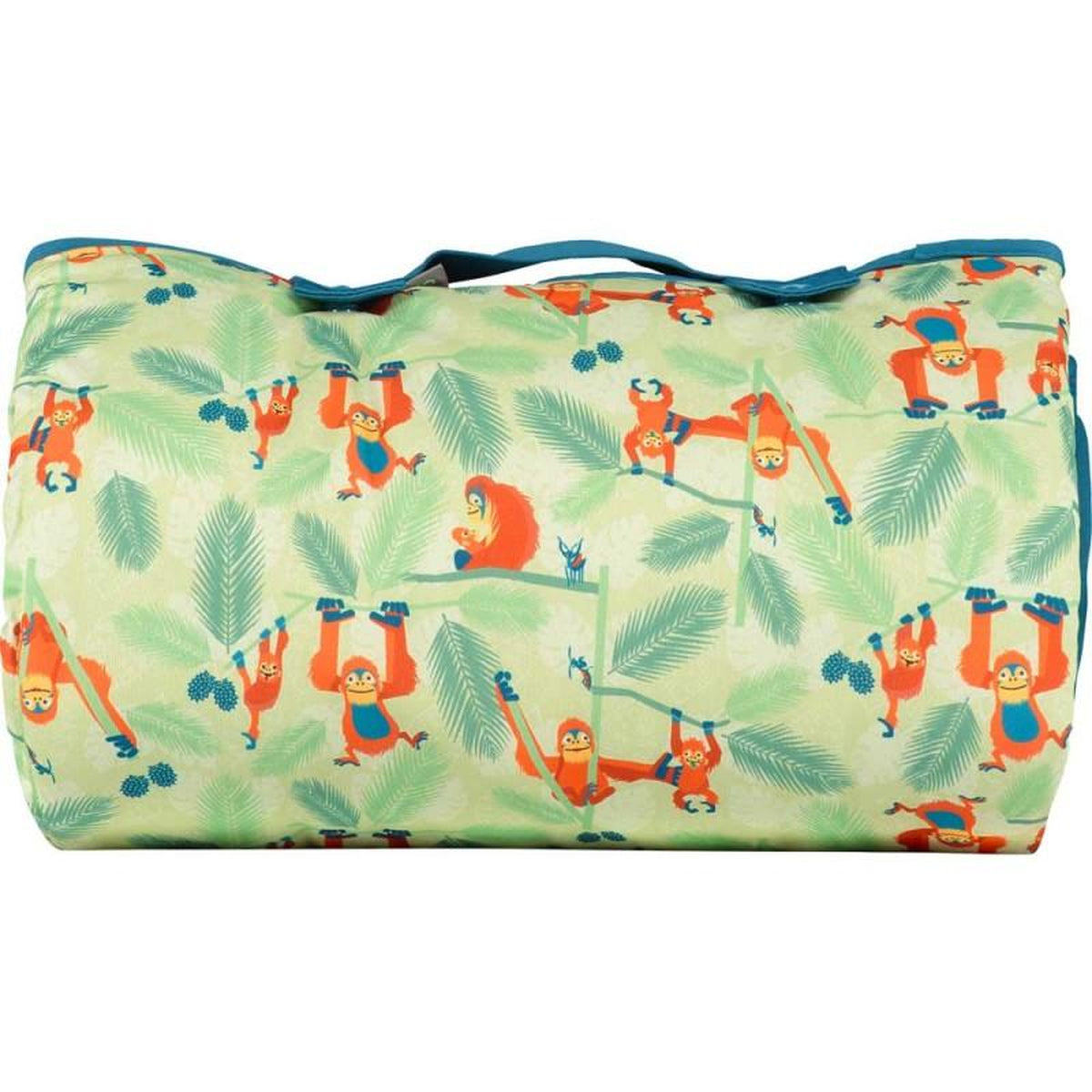 Manta/tapete de jogos Close com padrão de macacos coloridos, dobrada e fechada com a pega de transporte amovível. Tamanho 115x118cm.