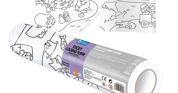 Close-up do rótulo do rolo de colorir "Sticky Coloring Poster - Animal Stories", com o papel desenrolado ao fundo.
