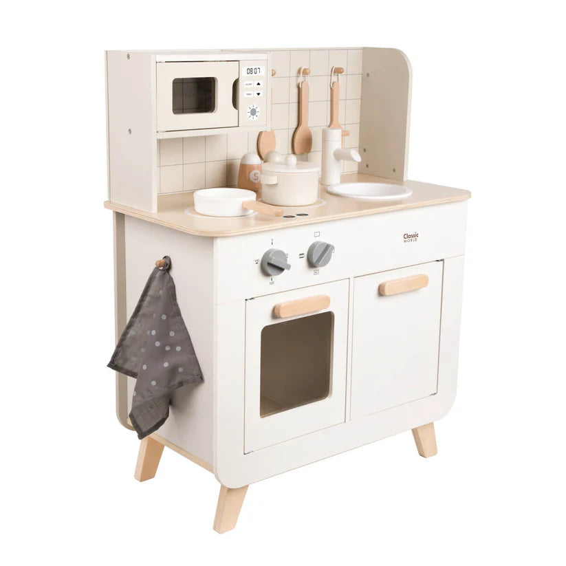 Cozinha de brinquedo Classic World completo do Chef em madeira, vista lateral com forno, micro-ondas e acessórios.