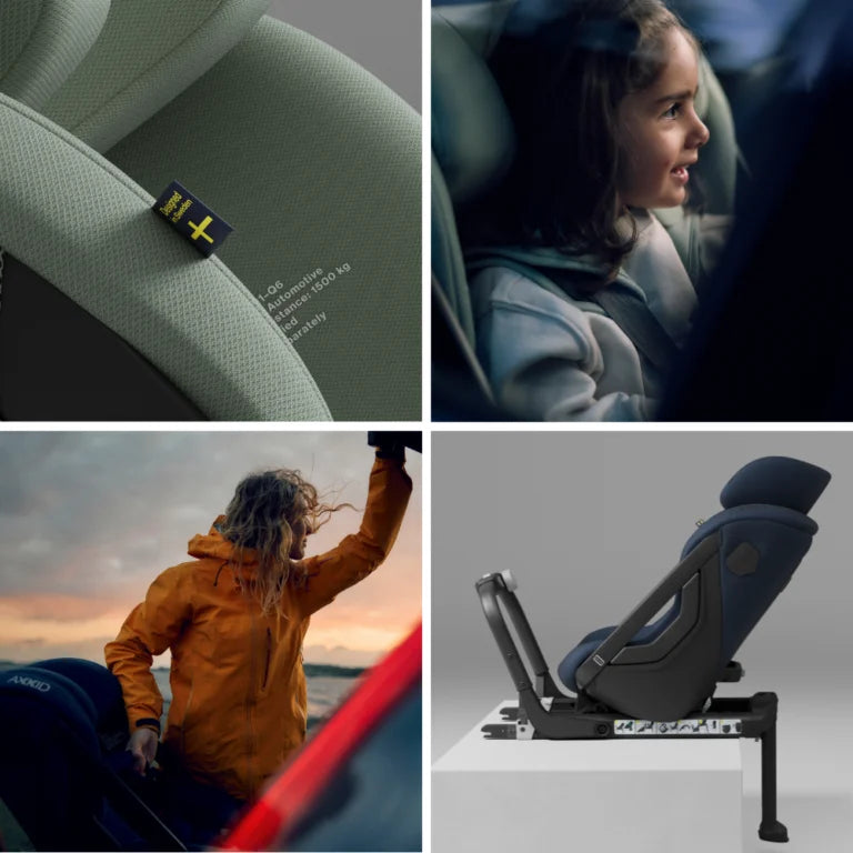 Colagem de quatro imagens: detalhe de etiqueta verde Axkid, criança sorridente em carro, mulher ao lado de cadeira auto, e cadeira Axkid ONE 3 em perfil com base ISOFIX.