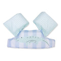 Colete de flutuação Swim Essentials com padrão de crocodilo azul e riscas verdes, vista frontal.