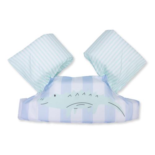 Colete de flutuação Swim Essentials com padrão de crocodilo azul e riscas verdes, vista frontal.