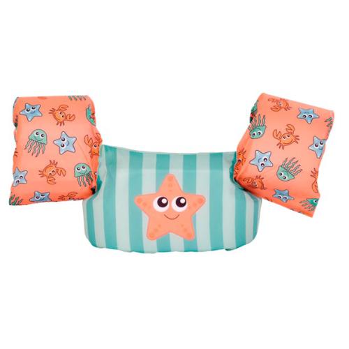 Detalhe do colete de flutuação Swim Essentials com padrão de criaturas marinhas, mostrando as braçadeiras e o cinto de peito.